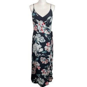 1.State | Gray Floral Hibiscus Faux Wrap Maxi Dress